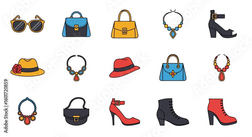 A stylish collection of modern fashion accessories in flat design vector icons. Curated set of essential women's clothing complements for various occasions.