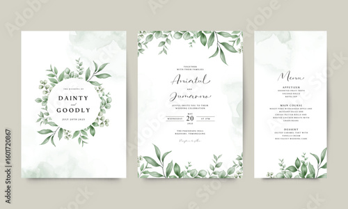 Wedding invitation card template set with watercolor leaves