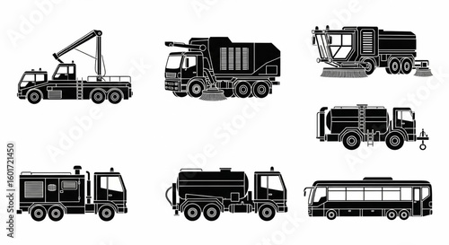 Airport Ground Support Transport Line Icon Set – Vector Runway Inspection, Sweeper, Generator, Water Loader, Passenger Bus Thin Linear Illustration
