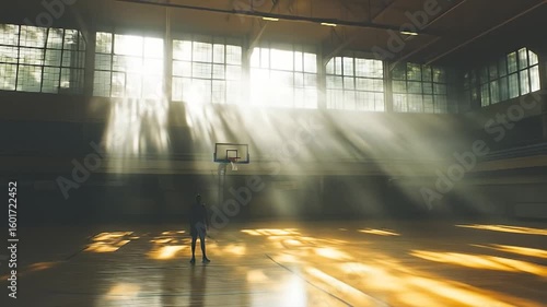 A person stands on a basketball court with sunbeams streaming through large windows