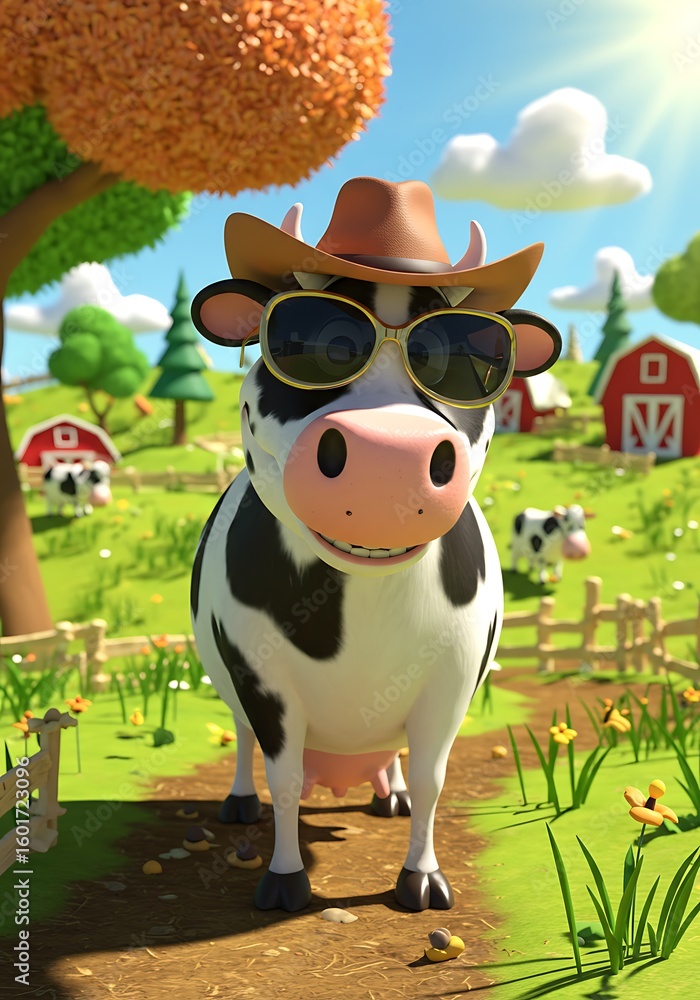 Fototapeta premium Cartoon cow with hat and sunglasses on farm