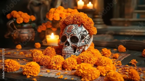 Decorated sugar skull surrounded by marigolds and candles