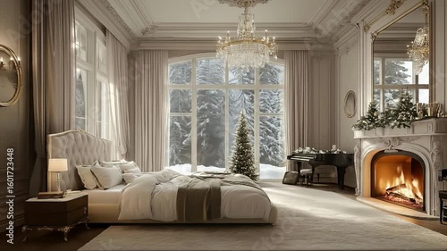 Luxurious bedroom with Christmas decor and a snowy forest view