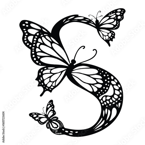Elegant Butterfly Letter S Silhouette Design A Monogram Initial with Butterflies Decoration for Personalized Art and Decorative Purposes
