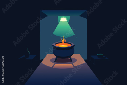 Dark basement corner with glowing bottle and bones vector illustration