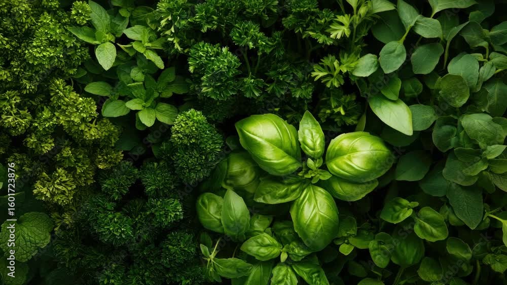 A variety of green vegetables, including basil and broccoli, all in closeup view. These fresh herbs are part of a healthy diet and can be used for cooking or as ingredients.