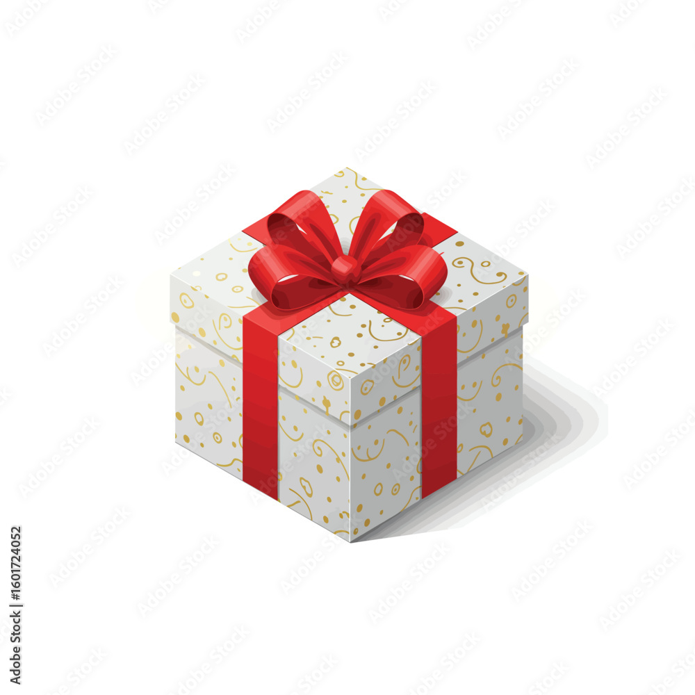 Obraz premium Square Gift Box with Red Bow Gold Patterned Isometric View Holiday Present
