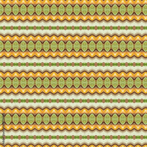 Seamless repeating food-inspired pattern featuring green, yellow, and brown hues with a symmetrical layout. Great for backgrounds, textile prints, or abstract design.