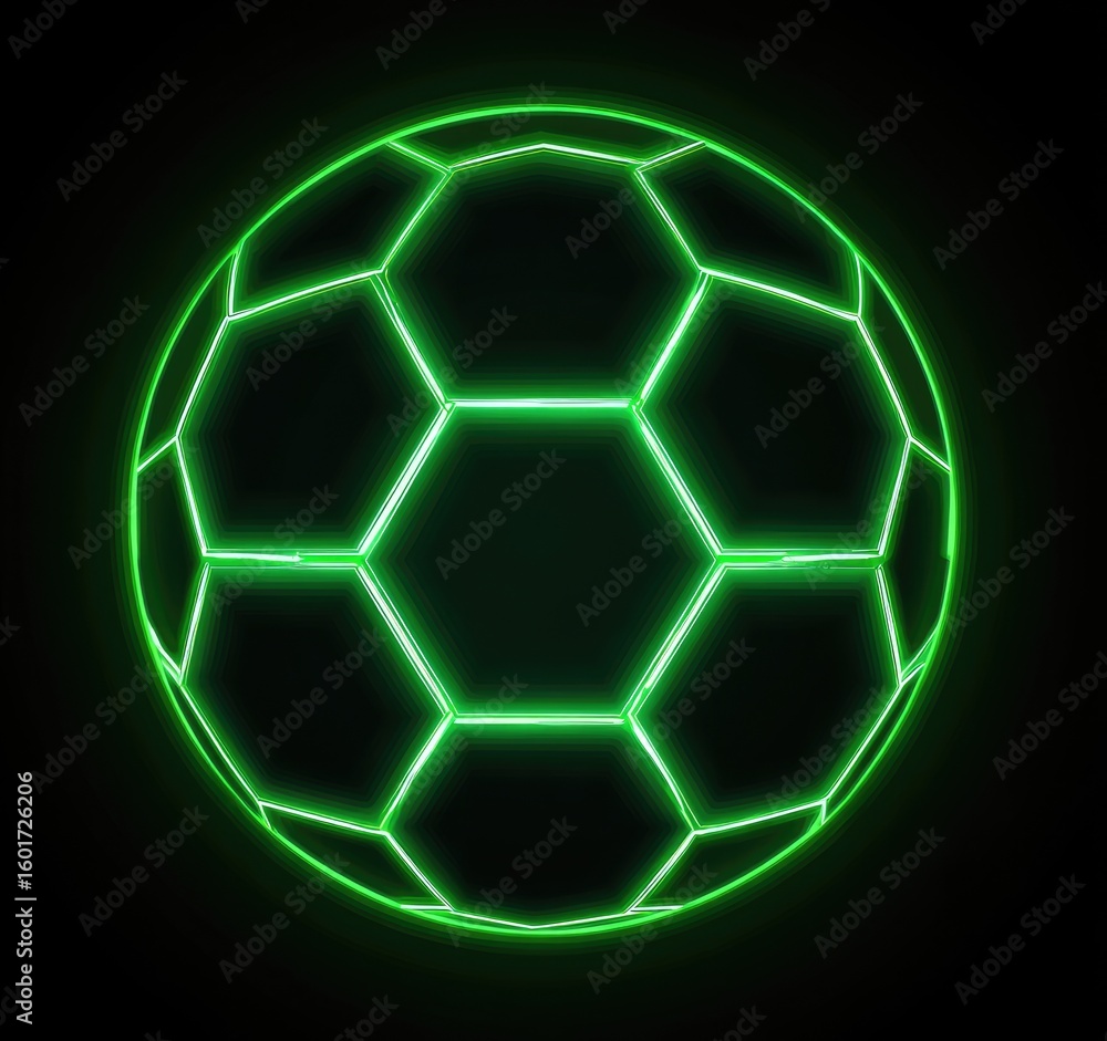 Obraz premium Glowing green neon lines form a soccer ball on a black background. The lines are bright and the ball is three-dimensional