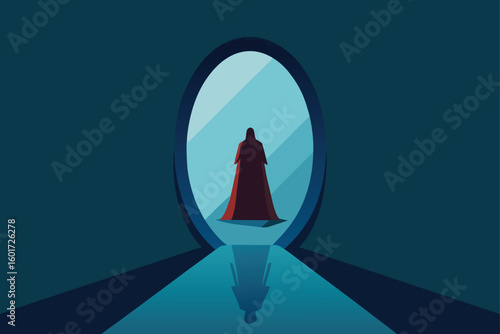 a haunted mirror reflecting a ghostly figure  suit.eps