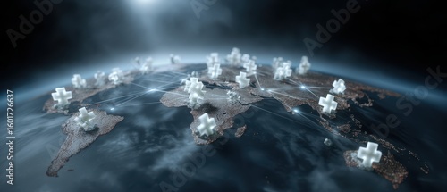 Global health network: medical symbols connecting worldwide for healthcare solutions