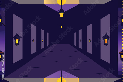 a spooky hallway with flickering lanterns  suitabl.eps