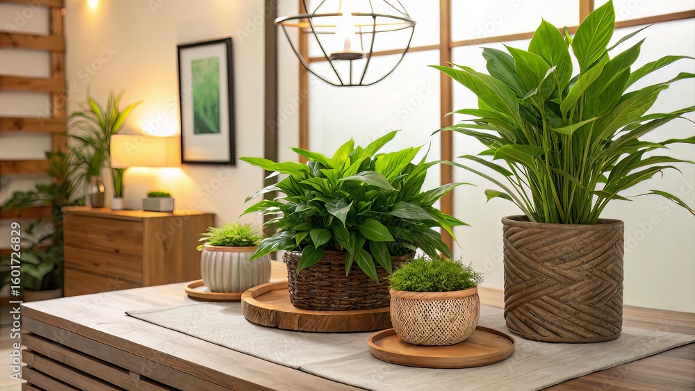Fototapeta premium Warm indoor scene with green plants and wood texture for natural lifestyle visuals