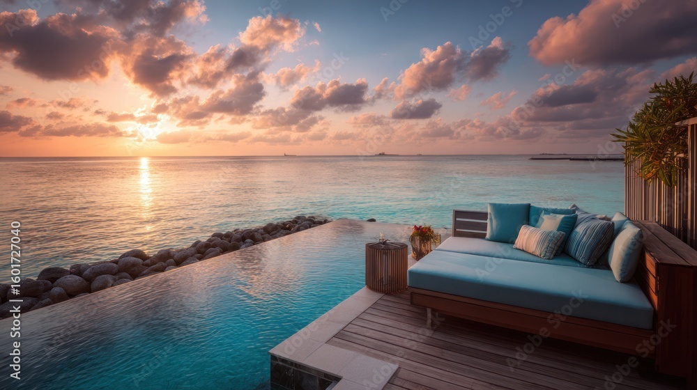Fototapeta premium Tropical sunset over an infinity pool. Luxury beachfront lounge