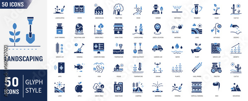 Landscaping flat icon set. Editable stroke. Vector illustration