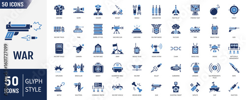 War flat icon set. Containing army, military, battle, conflict and more. Editable stroke. Vector illustration
