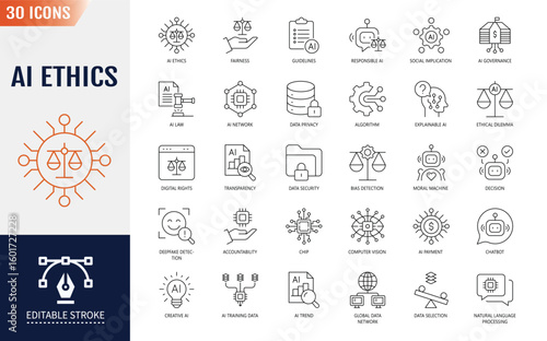 Ai ethics line editable Icons set. Containing fairness, transparency, data privacy, and more. Vector illustration