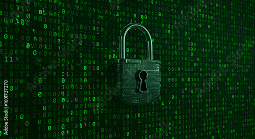 Padlock overlayed on green binary code