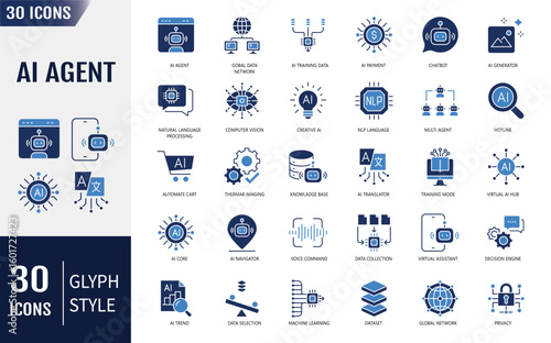 Artificial Intelligence Agent Flat Icons set. Containing chatbot, generator, AI operator, and more. Vector illustration