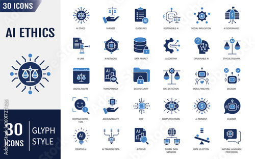 Ai ethics flat Icons set. Containing fairness, transparency, data privacy, and more. Vector illustration