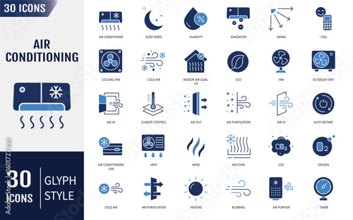 Air conditioning Flat Icons set.  Containing cooling, heating, air ionization, and more. Vector illustration
