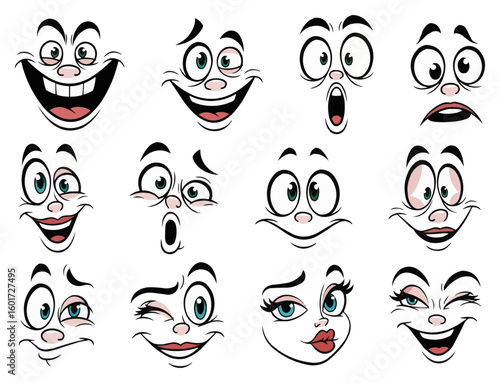 Colorful grid of 12 cartoon faces showing emotions like joy, surprise, winking, and pouting. Ideal for emoji sets, kids’ projects, and playful designs.