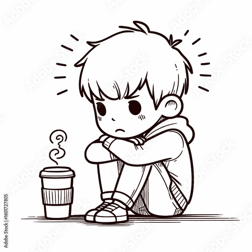 cartoon doodle drawing of a boy sitting with his knees to his chest, looking sad or tired, with a steaming cup next to him and lines indicating stress around his head. This image could be used on web