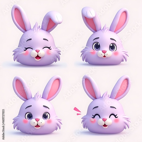 Cute Cartoon Easter Bunny Faces with Different Expressions on Light Background