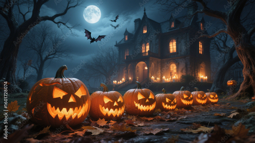 Fototapeta premium A row of intricately carved jack-o'-lanterns with mischievous grins sits in the foreground, their warm light casting eerie shadows on the ground covered in autumn leaves. Halloween