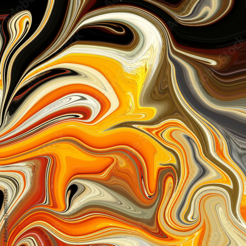 Energetic abstract mix of orange, yellow, white, and black swirls evoking fire and passion. Abstract, Energy, Orange, Swirl, Heat.