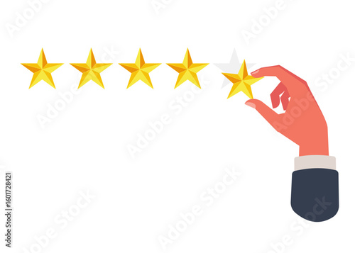 Hand putting five gold stars on white background. Stock illustration