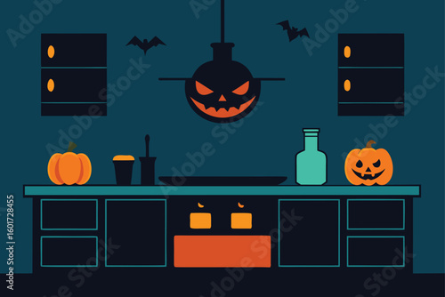 a spooky kitchen with glowing pumpkins and bat (2).eps