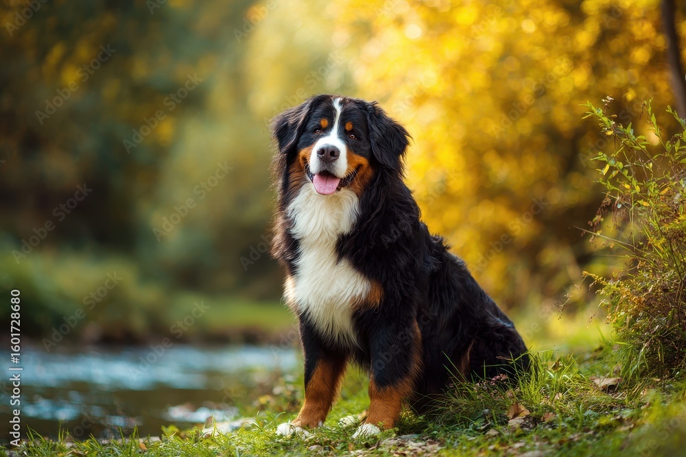 Obraz premium Bernese mountain dog stands gracefully in a lovely park Purebred canine