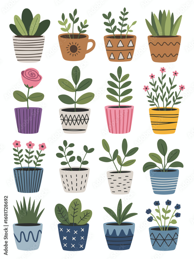 Obraz premium Collection of Hand-Drawn Potted Plants and Succulents