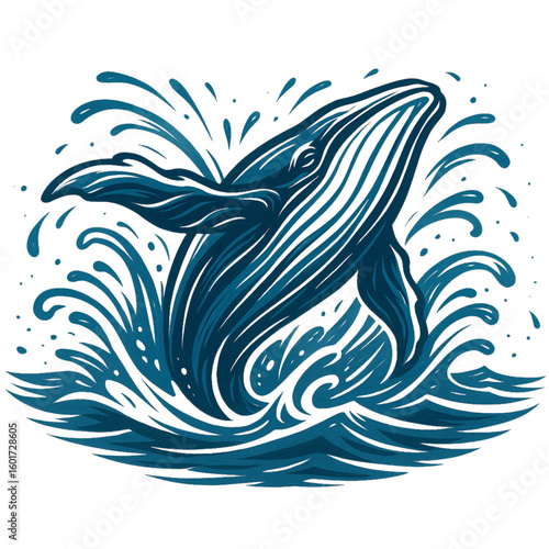 Illustration of a whale breaching the ocean surface with water splash on transparent background silhouette