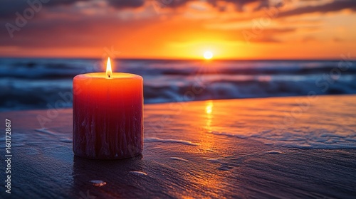 Burning candle on the beach at sunset.