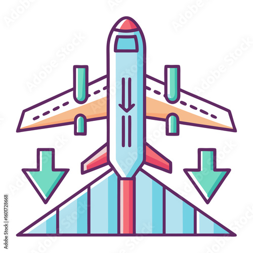 A minimalist illustration of an airplane landing on a runway with downward arrows, symbolizing arrival, descent, aviation, and air travel.