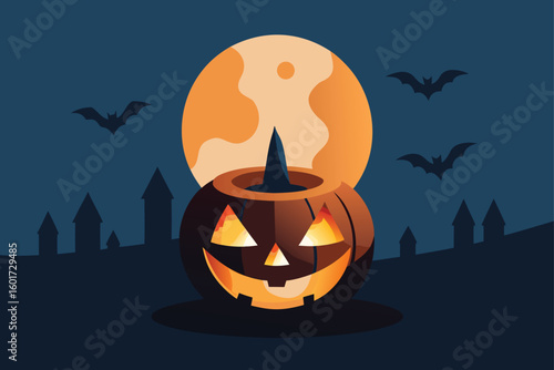 glowing pumpkin candle on old window vector illustration