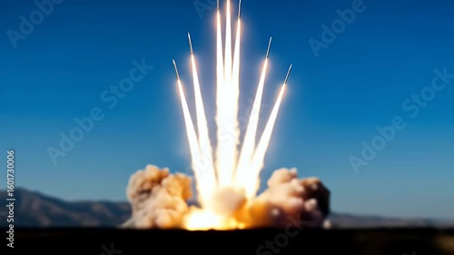 Rockets Launching into Blue Sky over Desert Landscape