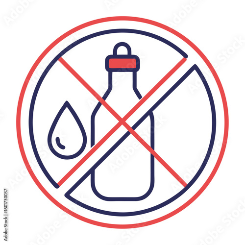 A crossed-out circle enclosing a bottle and a water drop, symbolizing "no liquids," "no beverages," or restrictions on drinks.