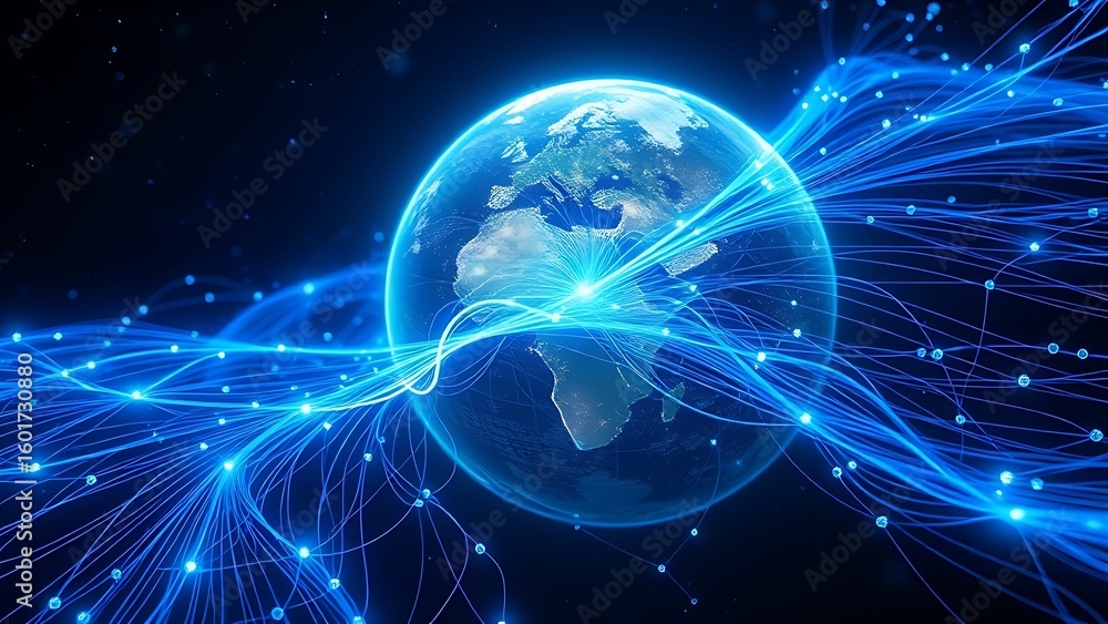 Fototapeta premium Earth's magnetic field visualized as glowing blue threads weaving through oxygen molecules.