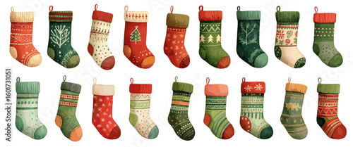 Christmas stocking set. Watercolor red and green hanging gift socks. Holiday winter decoration for fireplace vector illustration