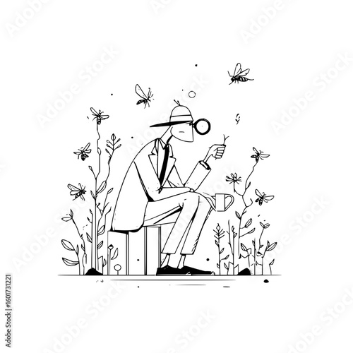 Detective in hat and suit sitting with coffee cup examining plant with magnifying glass in garden