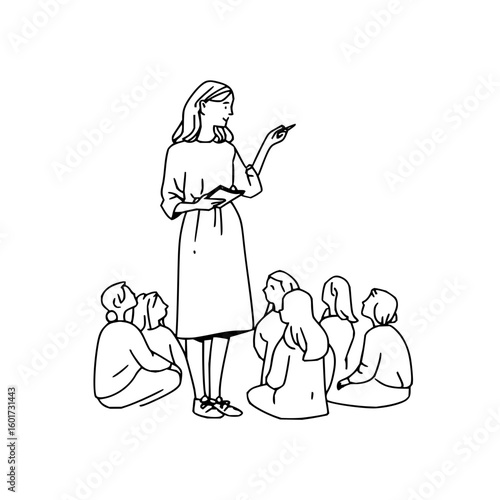 Illustration of a teacher standing and teaching a group of students sitting on the floor in a classroom