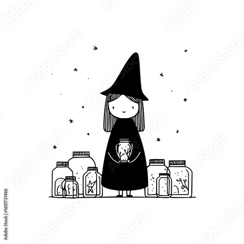A cute witch in black robe holding a jar standing in front of several jars with magic ingredients around her