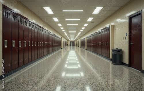 Endless school hallway with rows of symmetrical lockers and polished floor reflecting ceiling lights