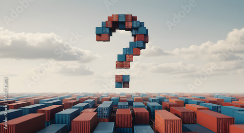 Cargo Container Question Mark Above Red and Blue Shipping Containers Under Cloudy Sky in Logistics and Global Trade