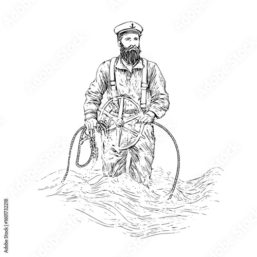 Illustration of a bearded sailor in water holding a ship's wheel and rope with a captain's hat on head