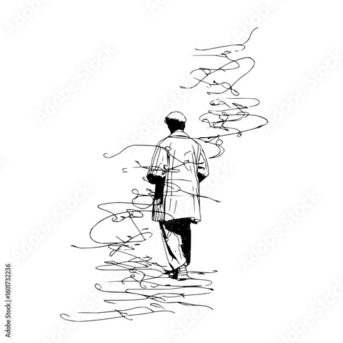 A sketch of a man walking away with abstract lines surrounding him in black and white illustration art