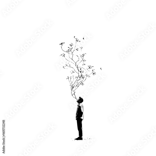A man standing with a tree growing from his mouth in a black and white minimalist illustration art